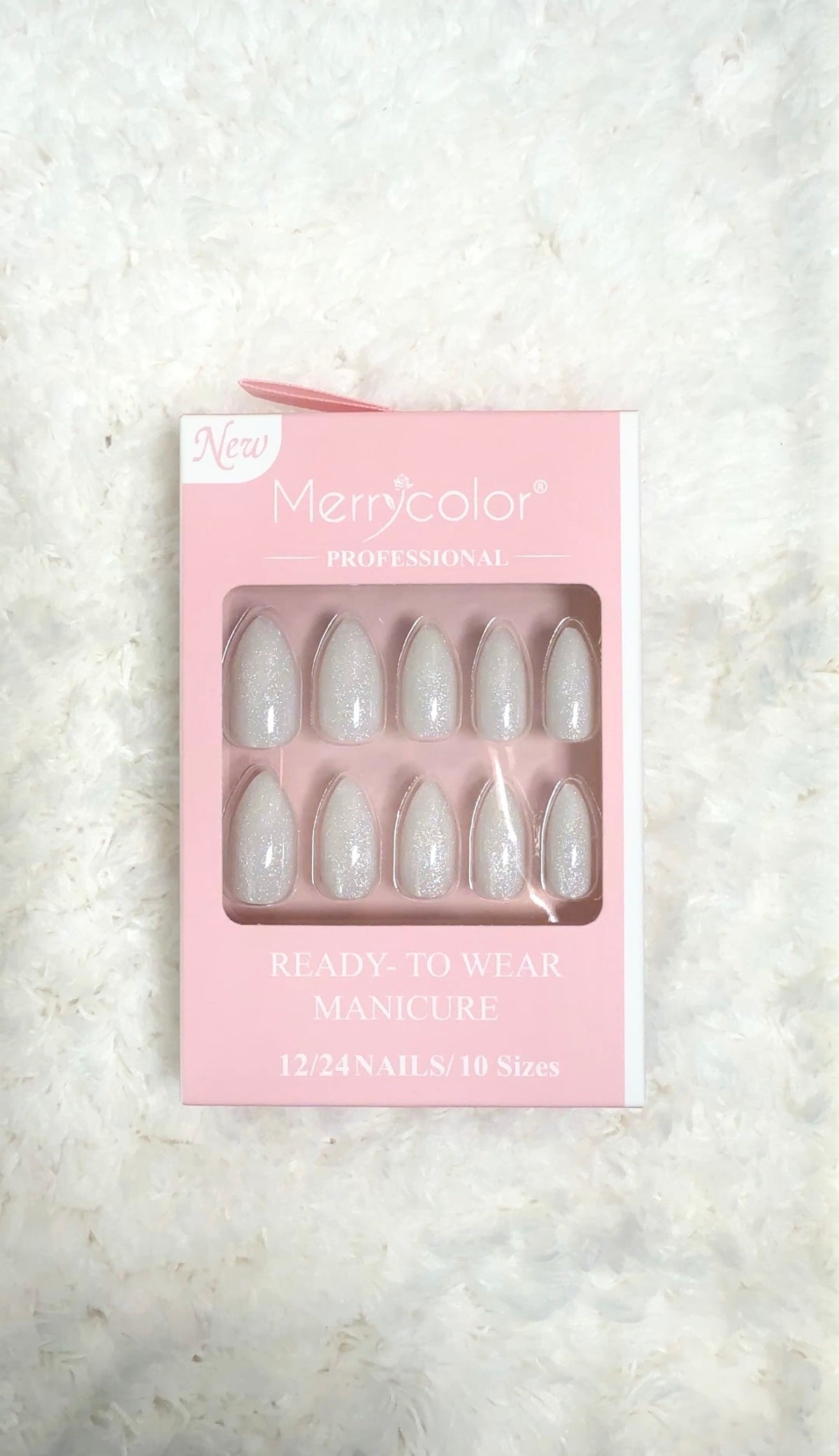Merrycolor Professional Nails – Chrome Pearl White Almond Press-On Nails (24 Pieces)