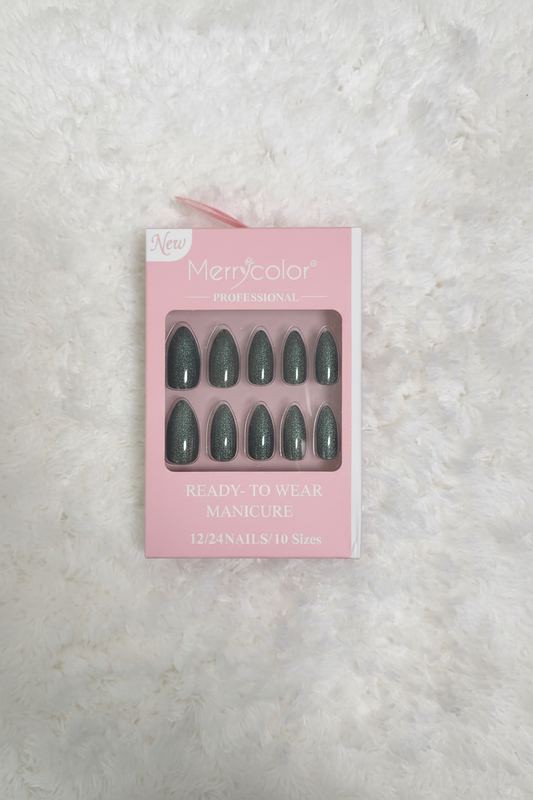Merrycolor Professional Nails –  Chrome Dark Green Almond Press-On Nails (24 Pieces)