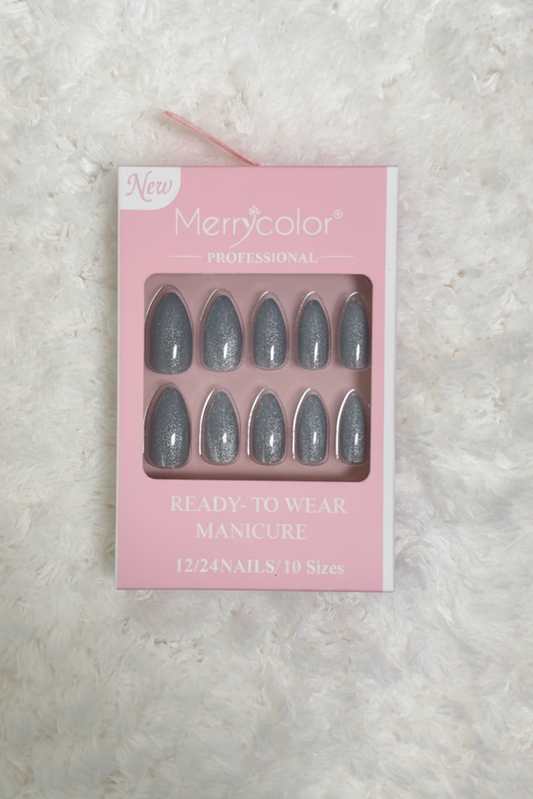 Merrycolor Professional Nails –  Chrome Silver Gray Almond Press-On Nails (24 Pieces)