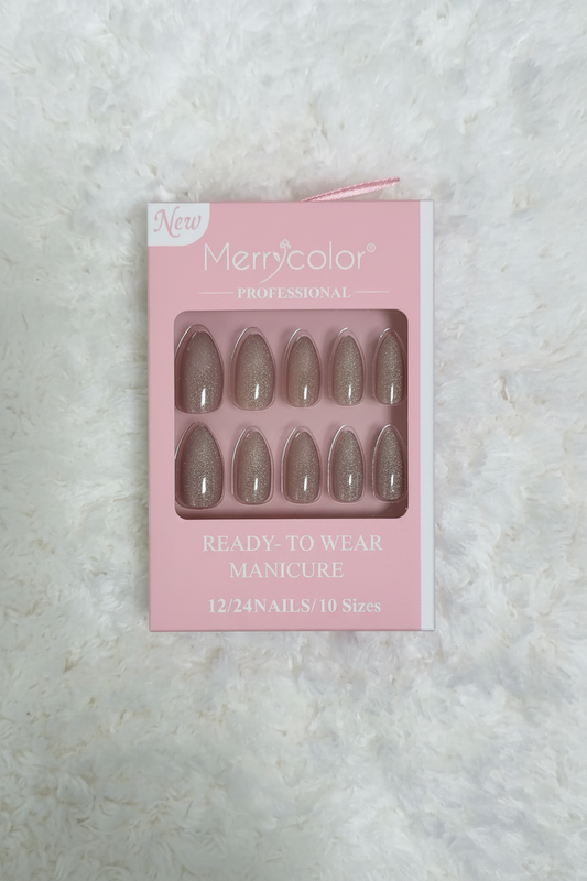 Merrycolor Professional Nails –  Chrome Nude Beige Almond Press-On Nails (24 Pieces)