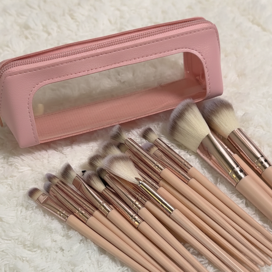 20-Piece Makeup Brush Set with Elegant Pouch- Black - Pink - Beige